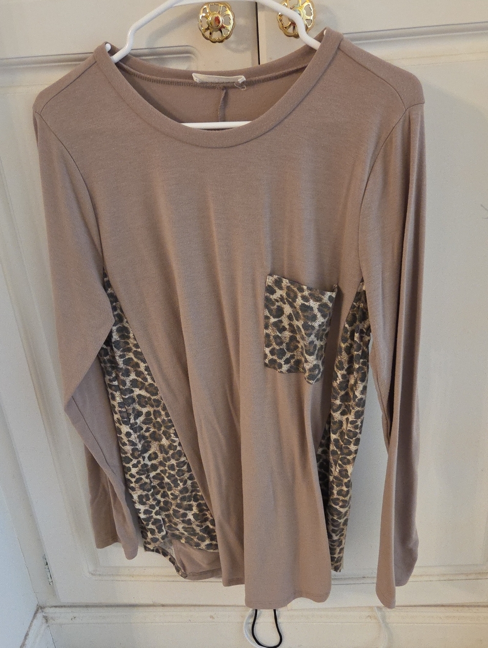 Zenana Taupe Long Sleeve Top with Leopard Pocket & Side Panels